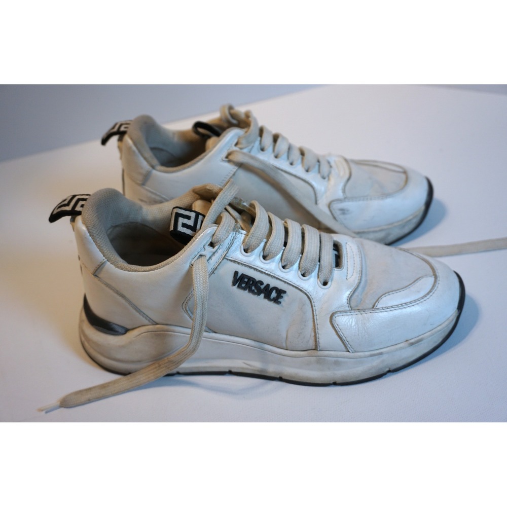 Versace White Leather Greca Logo Low Top Sneakers Made in Italy Size 40